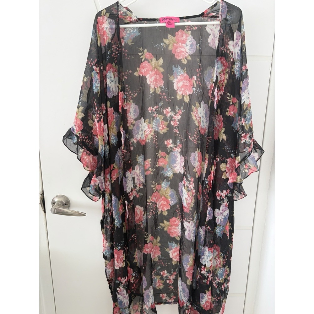 Betsey Johnson Womens Floral Sheer Duster Kimono Swimsuit Coverup Black One Size